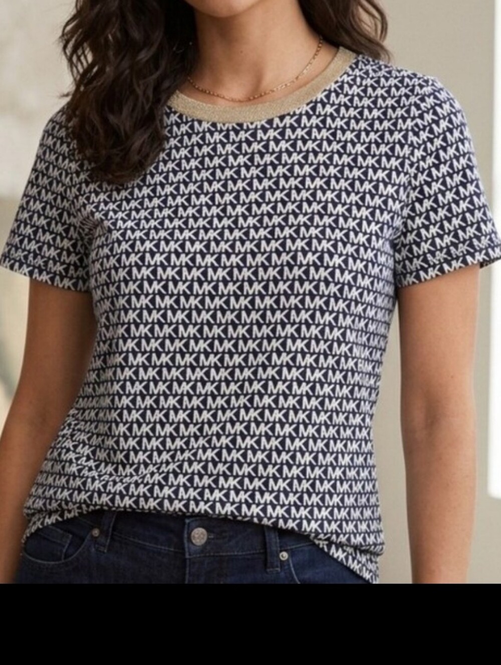 Michael Kors Navy & White MK Logo Tee With Gold Neckline Sz M Sporty Athleisure